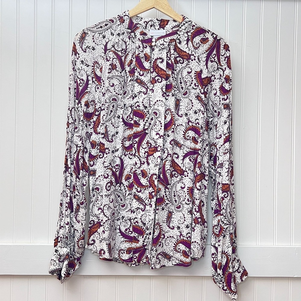Liz Claiborne Blouse Academia Office Purple Paisley Print Long Sleeve Pleated
